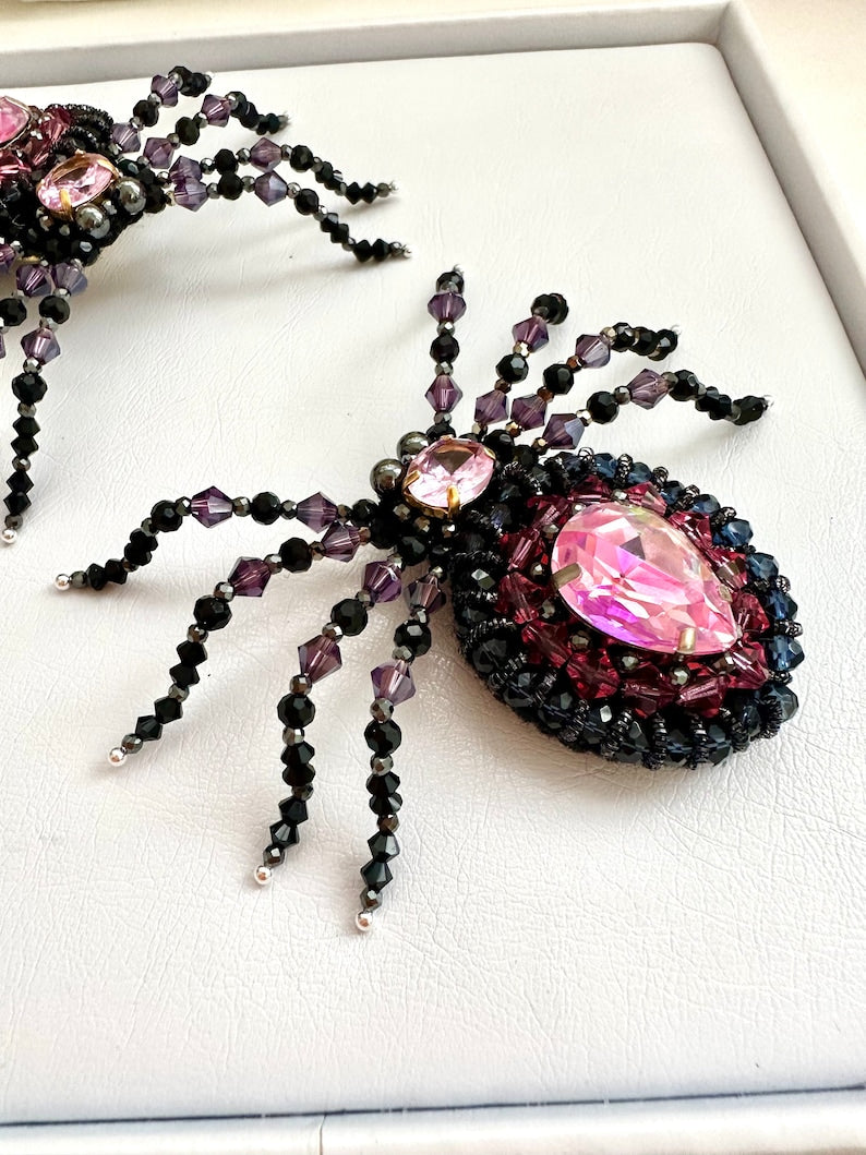 Handmade Beaded Spider Brooch: Pink Crystal Halloween Pin