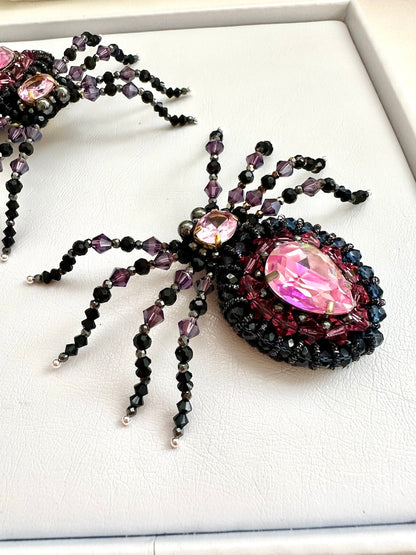 Handmade Beaded Spider Brooch: Pink Crystal Halloween Pin