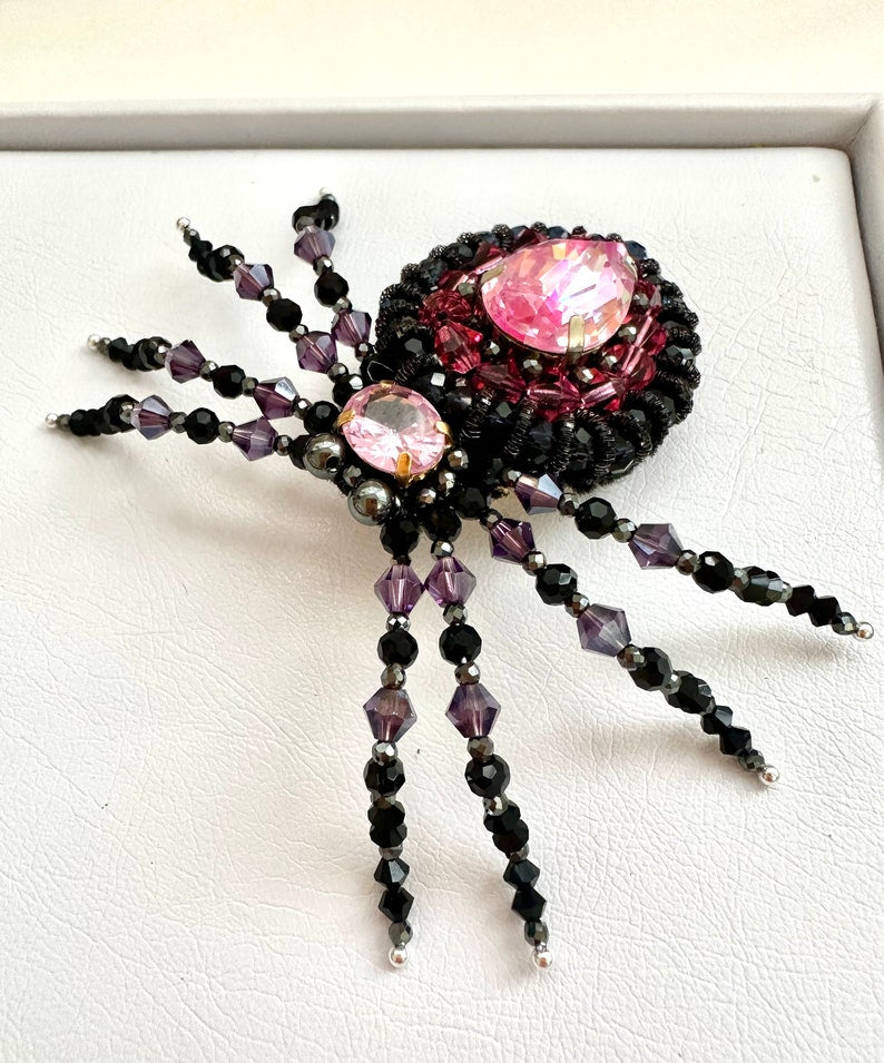 Handmade Beaded Spider Brooch: Pink Crystal Halloween Pin