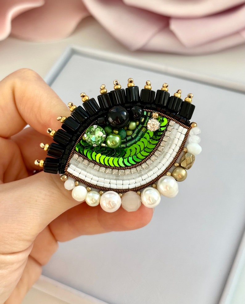Handmade Beaded Evil Eye Brooch: Green Protective Amulet