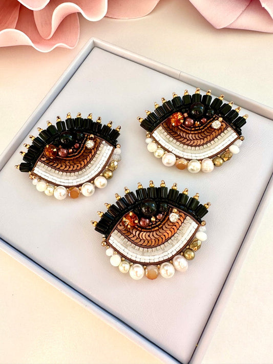 Handmade Beaded Brown Protective Evil Eye Brooch - Unique Good Luck Charm