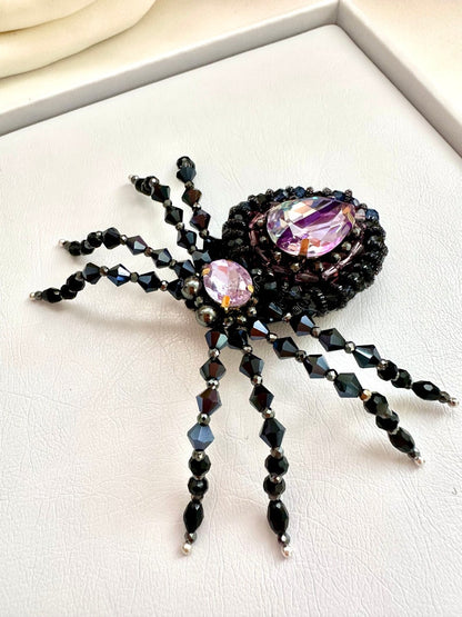 Halloween Beaded Spider Brooch: Purple Crystal Handmade Accessory