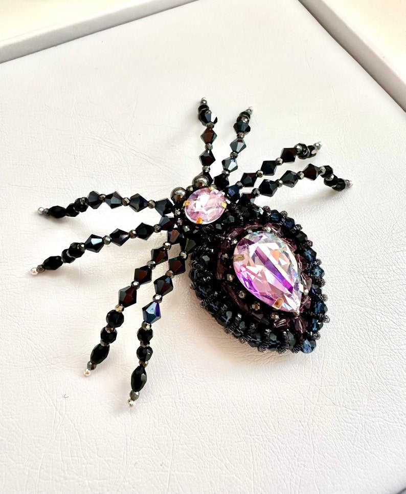 Halloween Beaded Spider Brooch: Purple Crystal Handmade Accessory