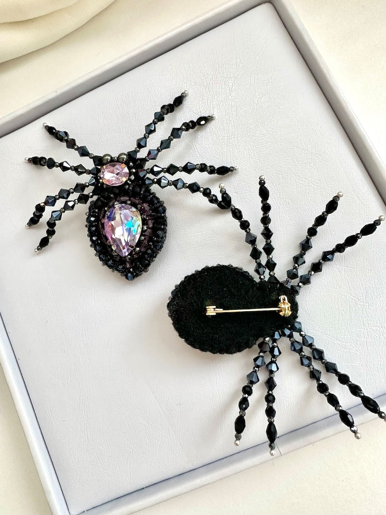 Halloween Beaded Spider Brooch: Purple Crystal Handmade Accessory
