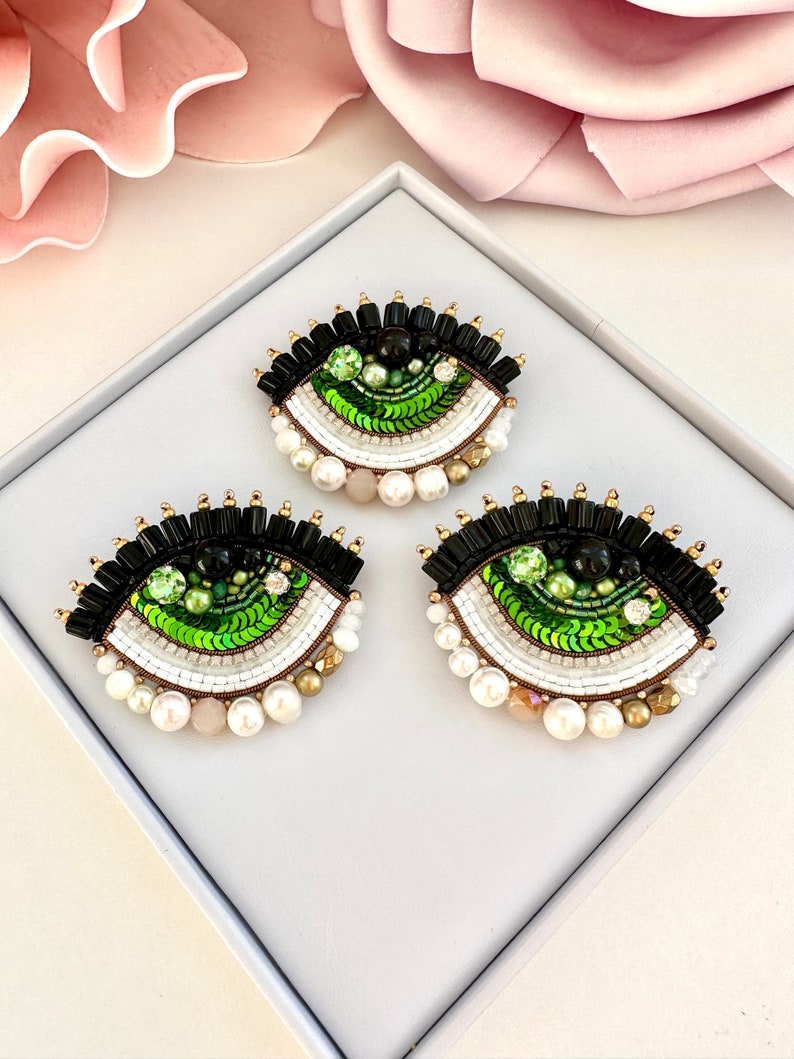 Handmade Beaded Evil Eye Brooch: Green Protective Amulet