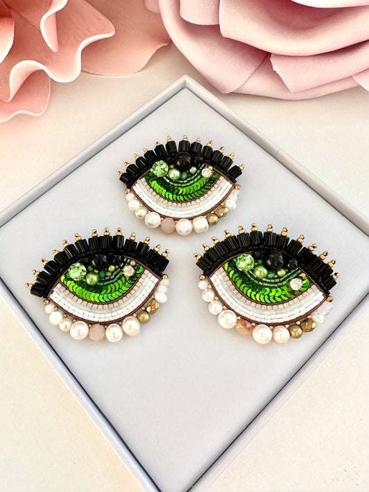 Handmade Beaded Evil Eye Brooch: Green Protective Amulet