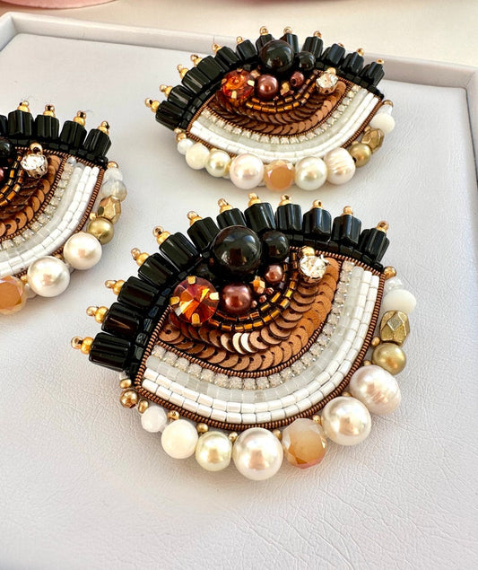 Handmade Beaded Brown Protective Evil Eye Brooch - Unique Good Luck Charm