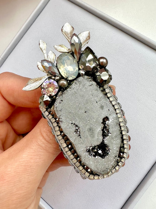 Handmade Beaded Druze Brooch: Designer Crystal Accessory