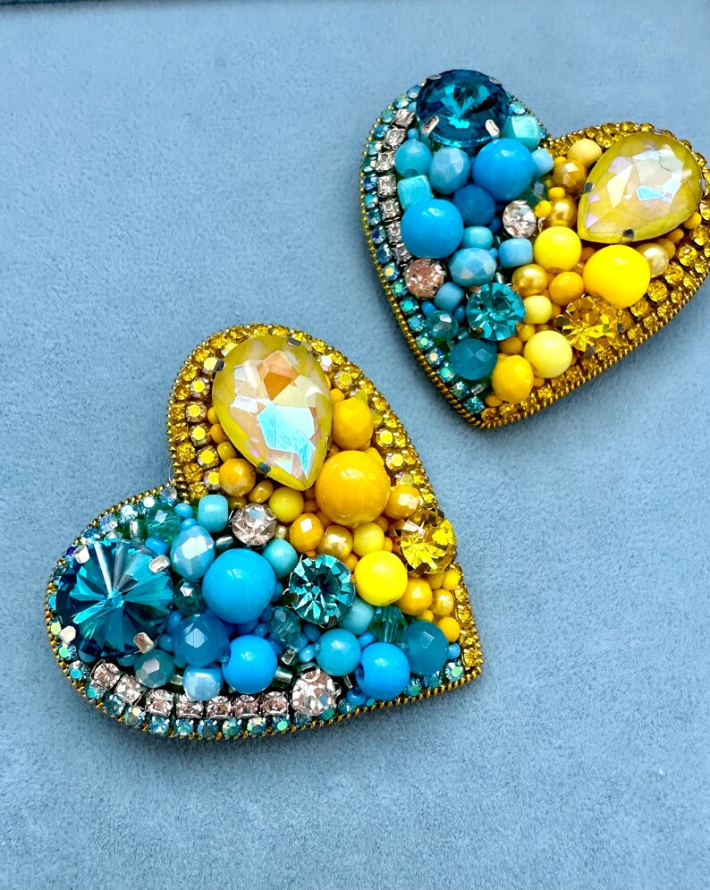 Handmade Beaded Heart Pin Brooch: Yellow & Blue Design