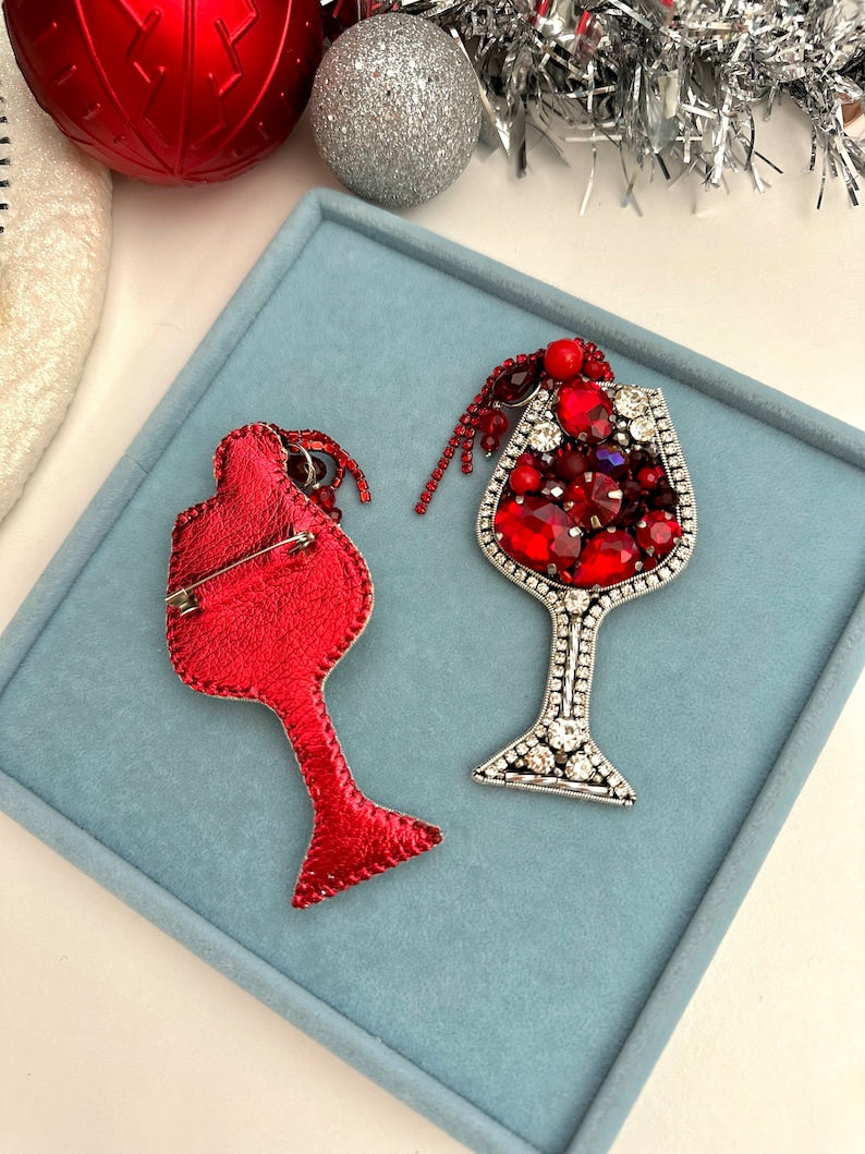 Handmade Red Wine Brooch: Beaded & Embroidered Pin