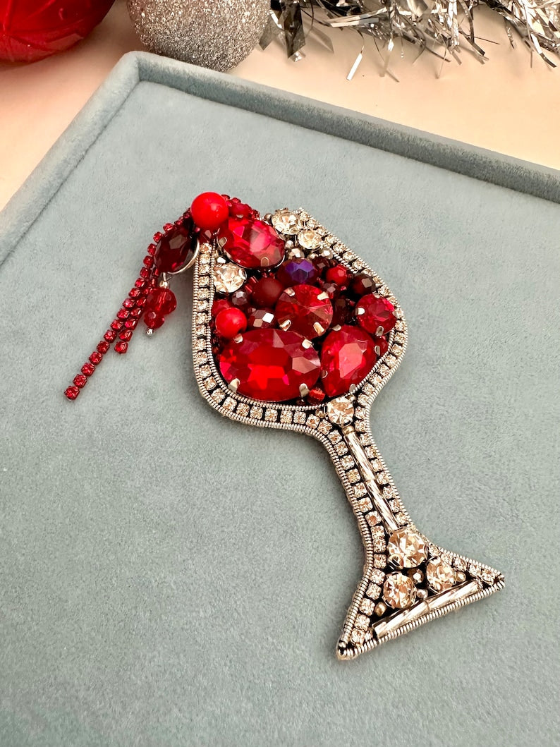 Handmade Red Wine Brooch: Beaded & Embroidered Pin