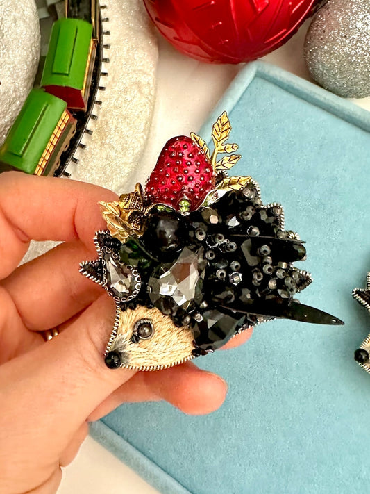 Hand-Embroidered Hedgehog Brooch: Beaded Forest Pin