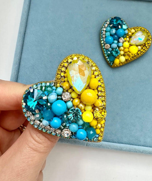 Handmade Beaded Heart Pin Brooch: Yellow & Blue Design