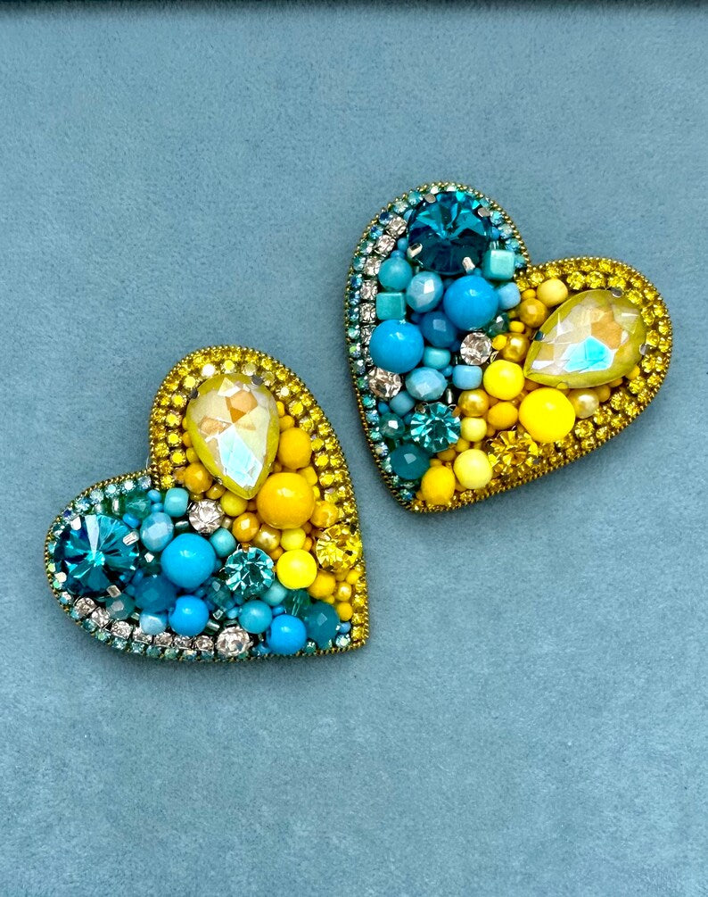 Handmade Beaded Heart Pin Brooch: Yellow & Blue Design