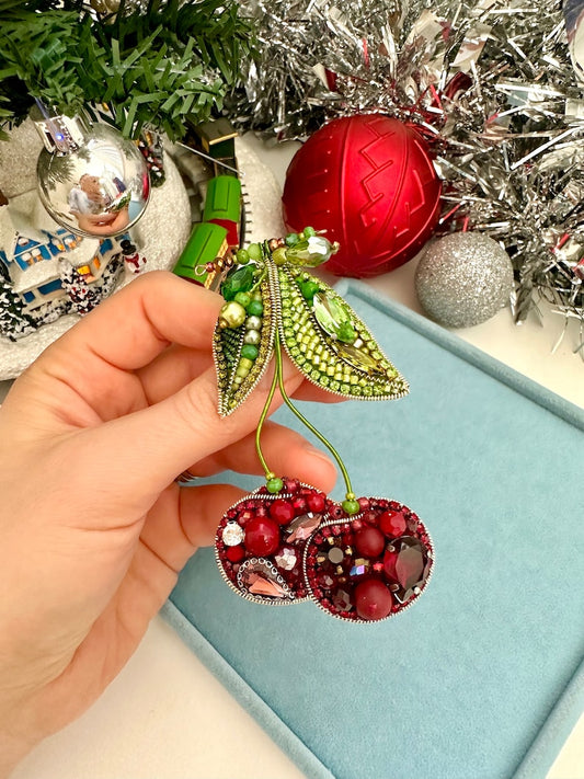 Hand-Embroidered Cherry Brooch: Beaded Embellishment