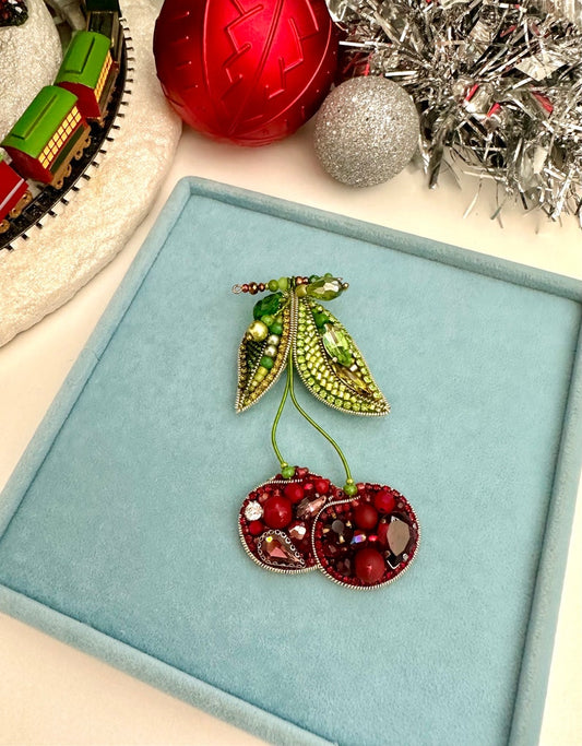 Hand-Embroidered Cherry Brooch: Beaded Embellishment