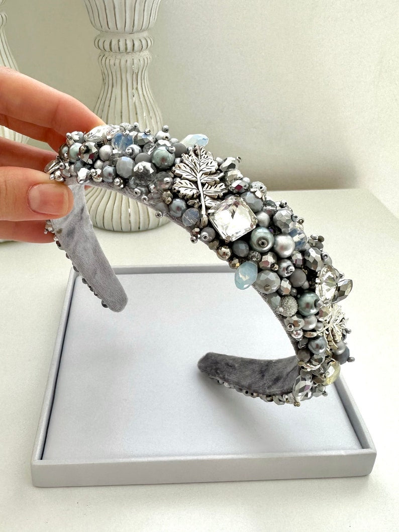 Silver Beaded Leaf Headband: Crystal Embellished Hair Tiara
