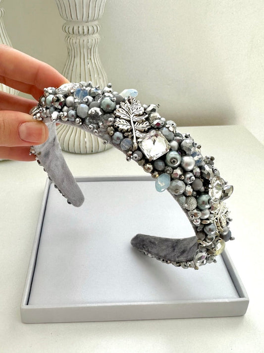 Silver Beaded Leaf Headband: Crystal Embellished Hair Tiara