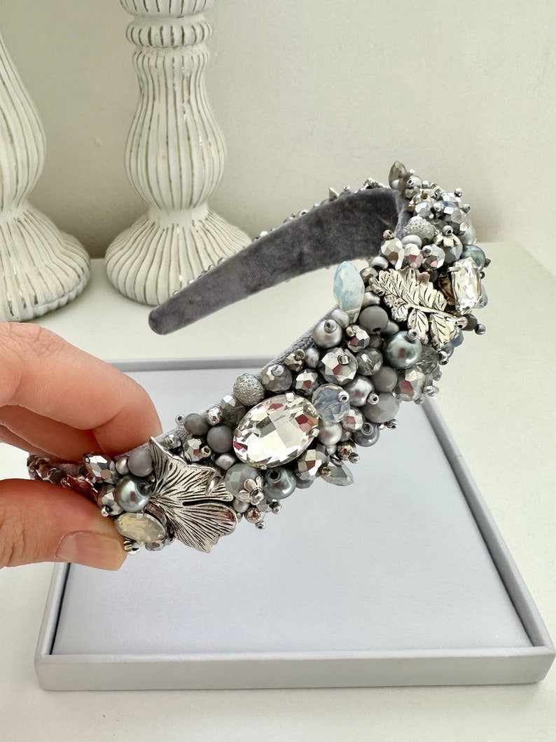 Silver Beaded Leaf Headband: Crystal Embellished Hair Tiara