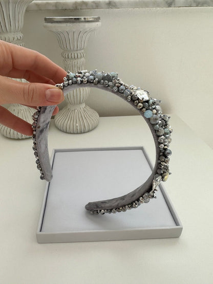 Silver Beaded Leaf Headband: Crystal Embellished Hair Tiara
