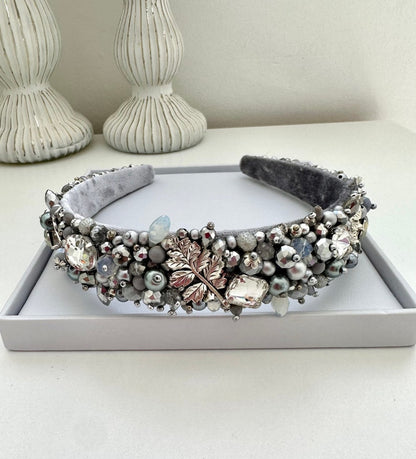 Silver Beaded Leaf Headband: Crystal Embellished Hair Tiara