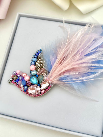 Handmade Beaded Bird Brooch: Ostrich Feather Statement Jewelry
