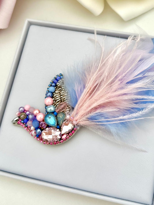 Handmade Beaded Bird Brooch: Ostrich Feather Statement Jewelry