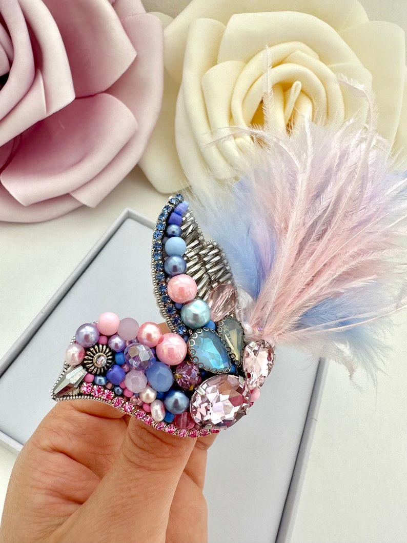 Handmade Beaded Bird Brooch: Ostrich Feather Statement Jewelry