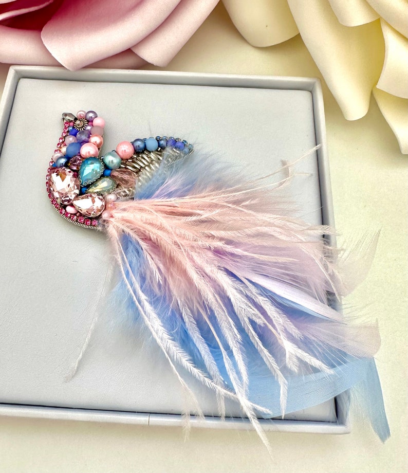 Handmade Beaded Bird Brooch: Ostrich Feather Statement Jewelry