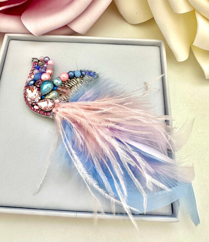 Handmade Beaded Bird Brooch: Ostrich Feather Statement Jewelry