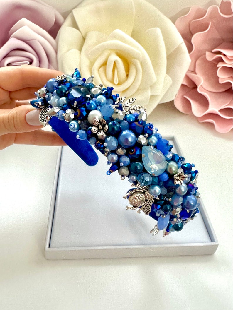 Blue Crystal Beaded Headband: Embroidered Jeweled Tiara