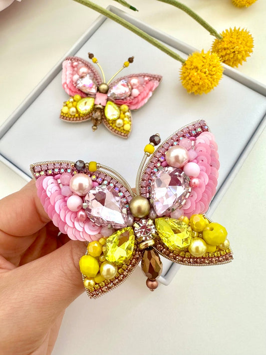 Hand-Embroidered Butterfly Brooch: Yellow & Pink Crystal Pin