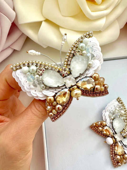 Hand-Embroidered Butterfly Brooch: Golden White Crystal Pin
