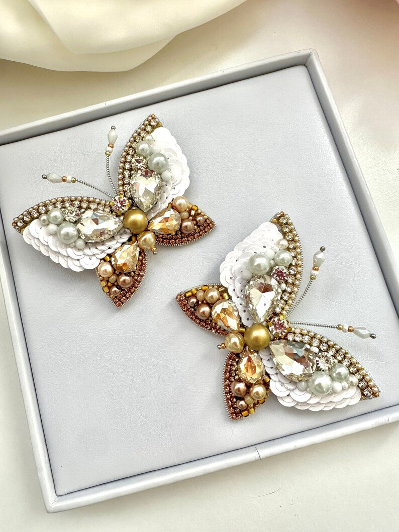 Hand-Embroidered Butterfly Brooch: Golden White Crystal Pin
