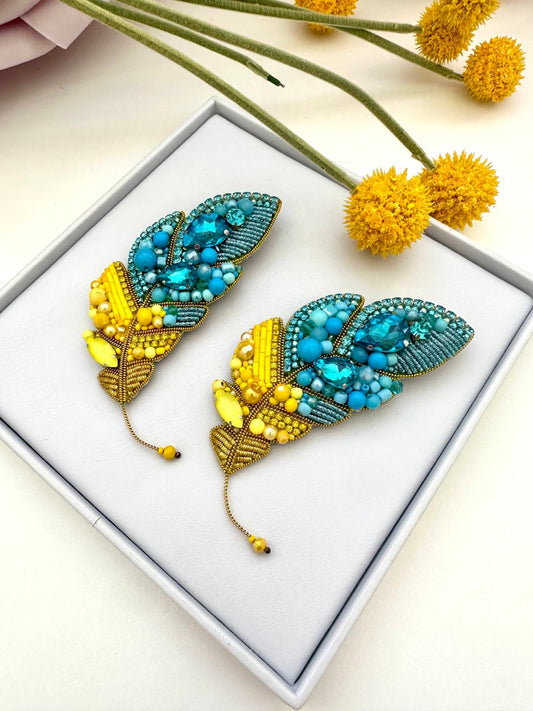 Beaded brooches Ukrainian Yellow Blue feather. Handmade designer brooch. High quality accessories. Unique design brooch.