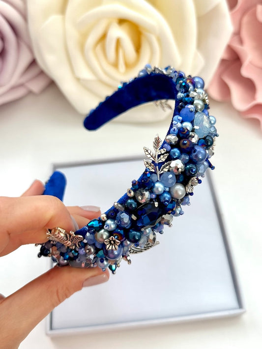 Blue Crystal Beaded Headband: Embroidered Jeweled Tiara