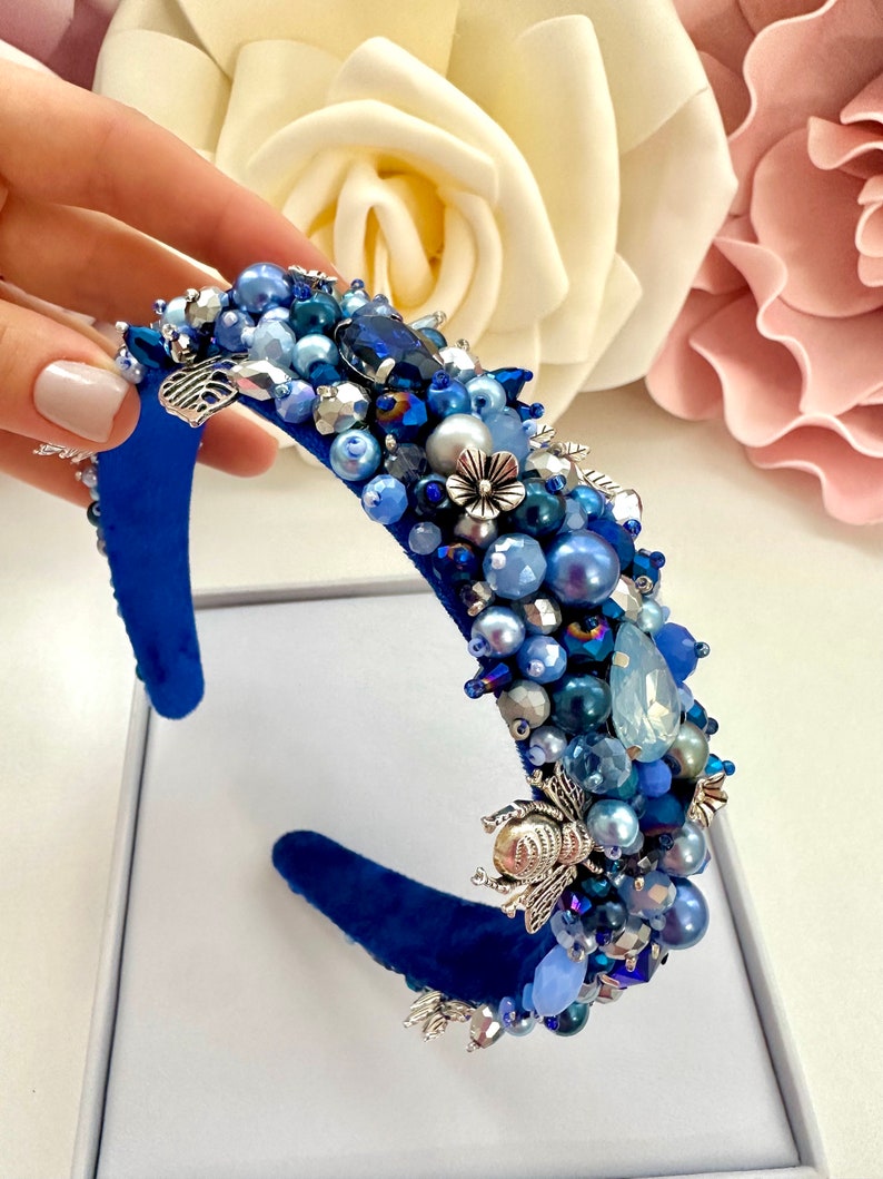 Blue Crystal Beaded Headband: Embroidered Jeweled Tiara