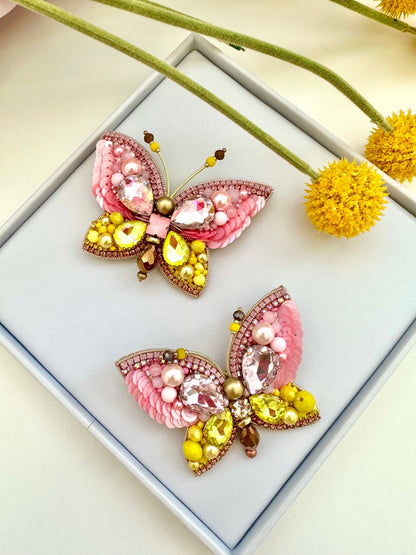 Hand-Embroidered Butterfly Brooch: Yellow & Pink Crystal Pin