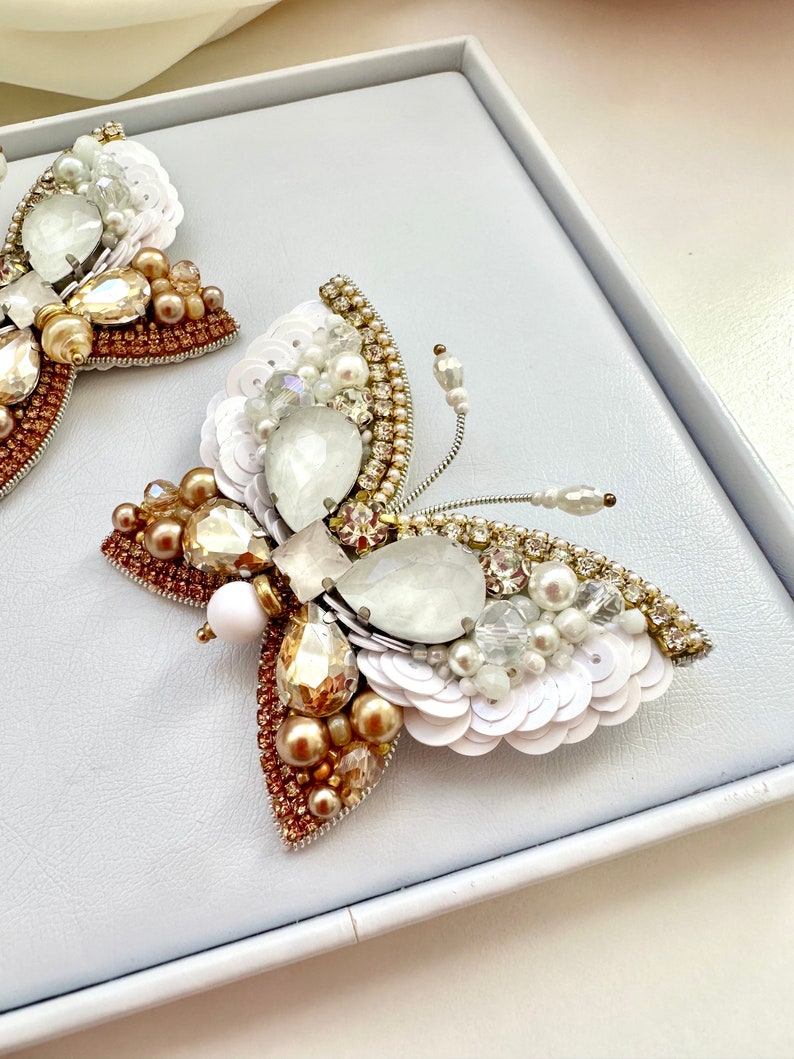 Hand-Embroidered Butterfly Brooch: Golden White Crystal Pin