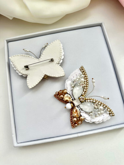 Hand-Embroidered Butterfly Brooch: Golden White Crystal Pin