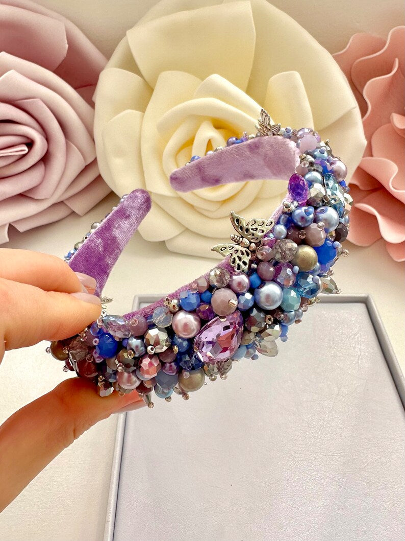 Beaded Butterfly Headband: Crystal Jeweled Hair Tiara