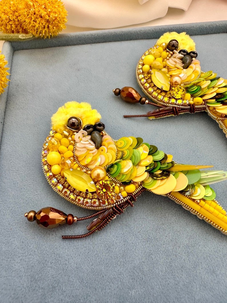 Hand-Embroidered Parrot Brooch: Beaded Yellow Bird Pin