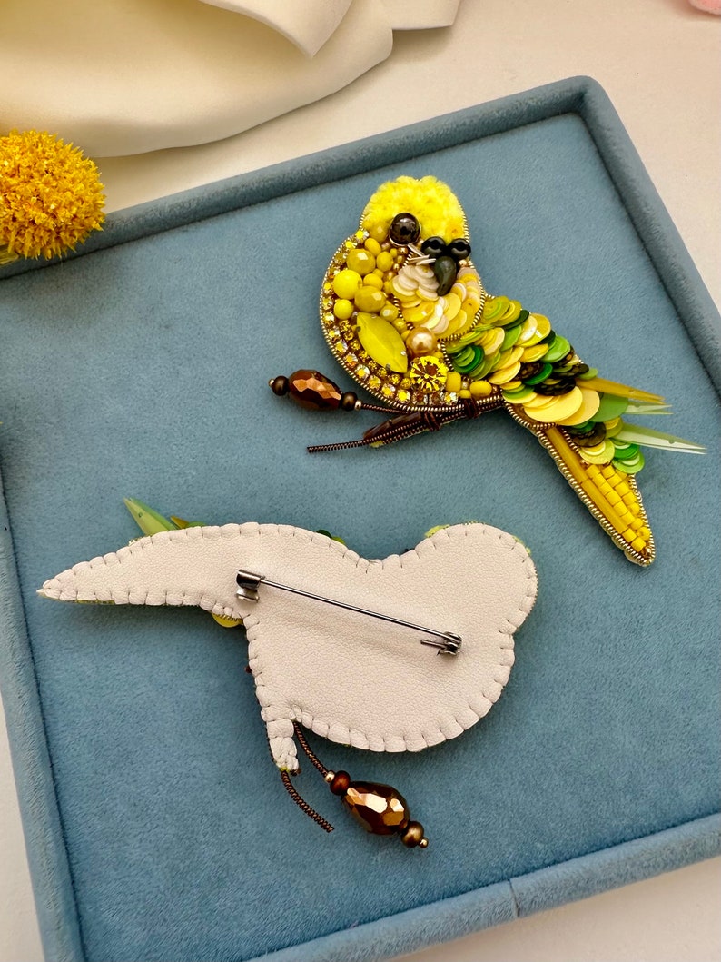 Hand-Embroidered Parrot Brooch: Beaded Yellow Bird Pin