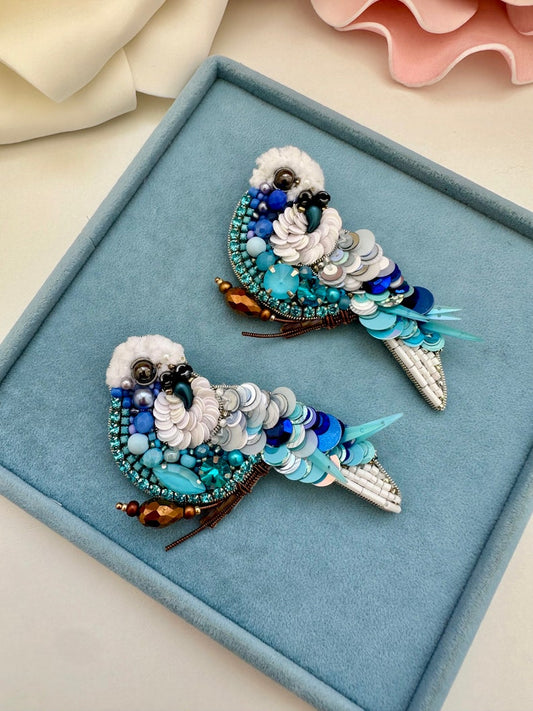 Hand-Embroidered Blue Bird Brooch: Beaded Parrot Pin