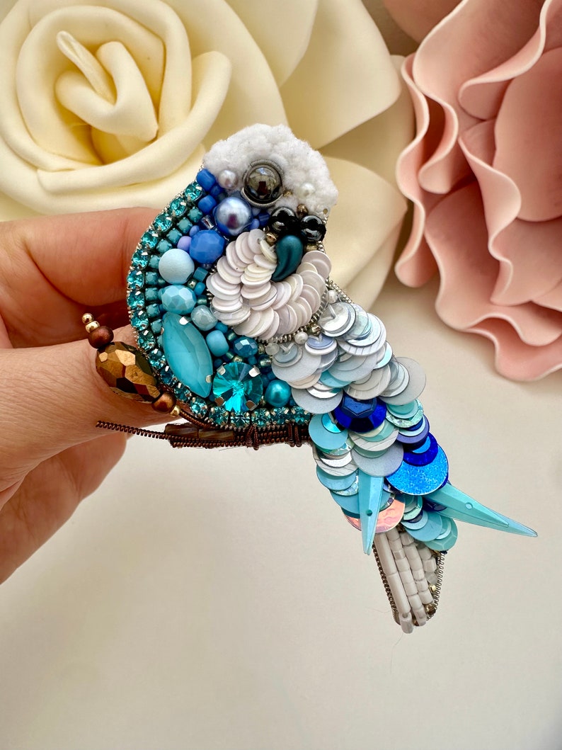 Hand-Embroidered Blue Bird Brooch: Beaded Parrot Pin