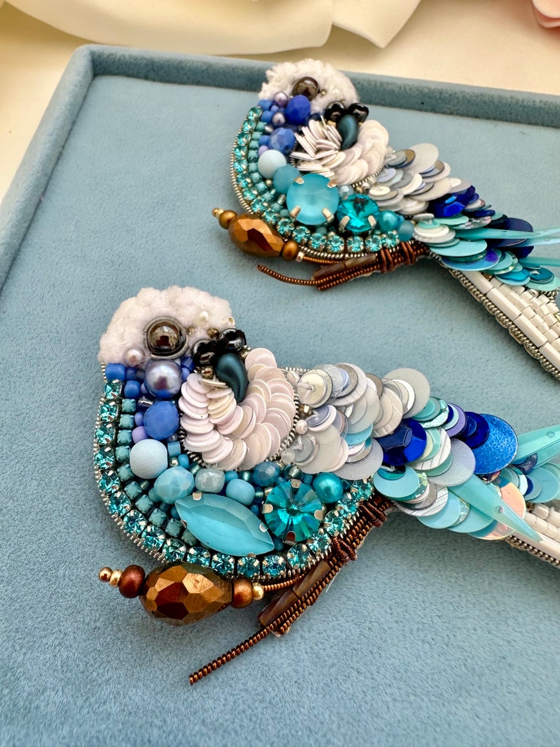 Hand-Embroidered Blue Bird Brooch: Beaded Parrot Pin