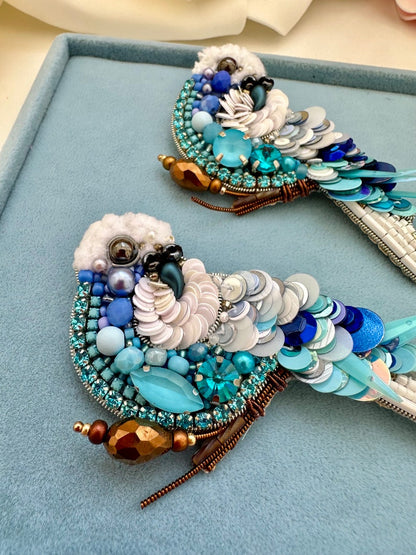 Hand-Embroidered Blue Bird Brooch: Beaded Parrot Pin