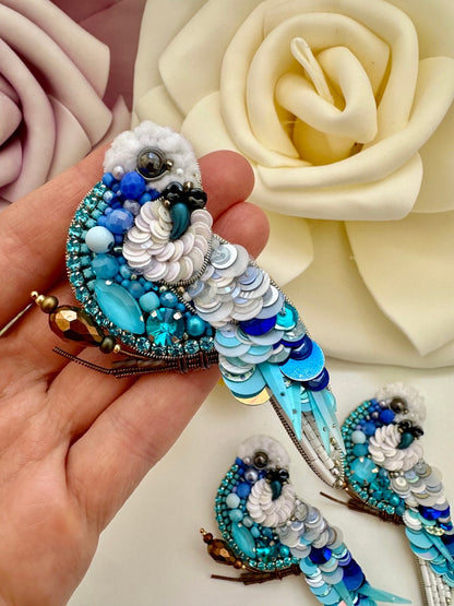 Hand-Embroidered Blue Bird Brooch: Beaded Parrot Pin