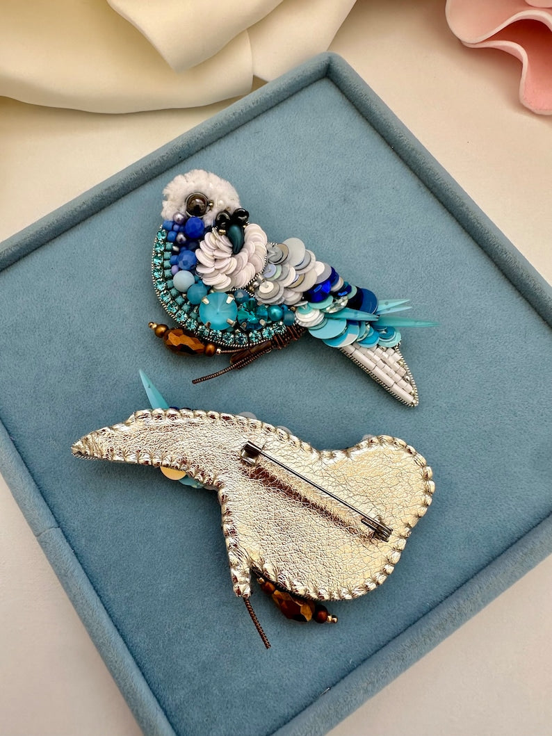 Hand-Embroidered Blue Bird Brooch: Beaded Parrot Pin