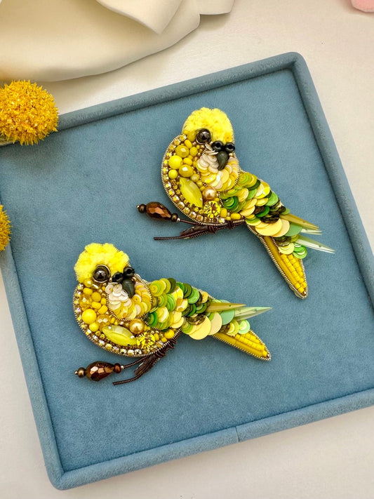 Hand-Embroidered Parrot Brooch: Beaded Yellow Bird Pin